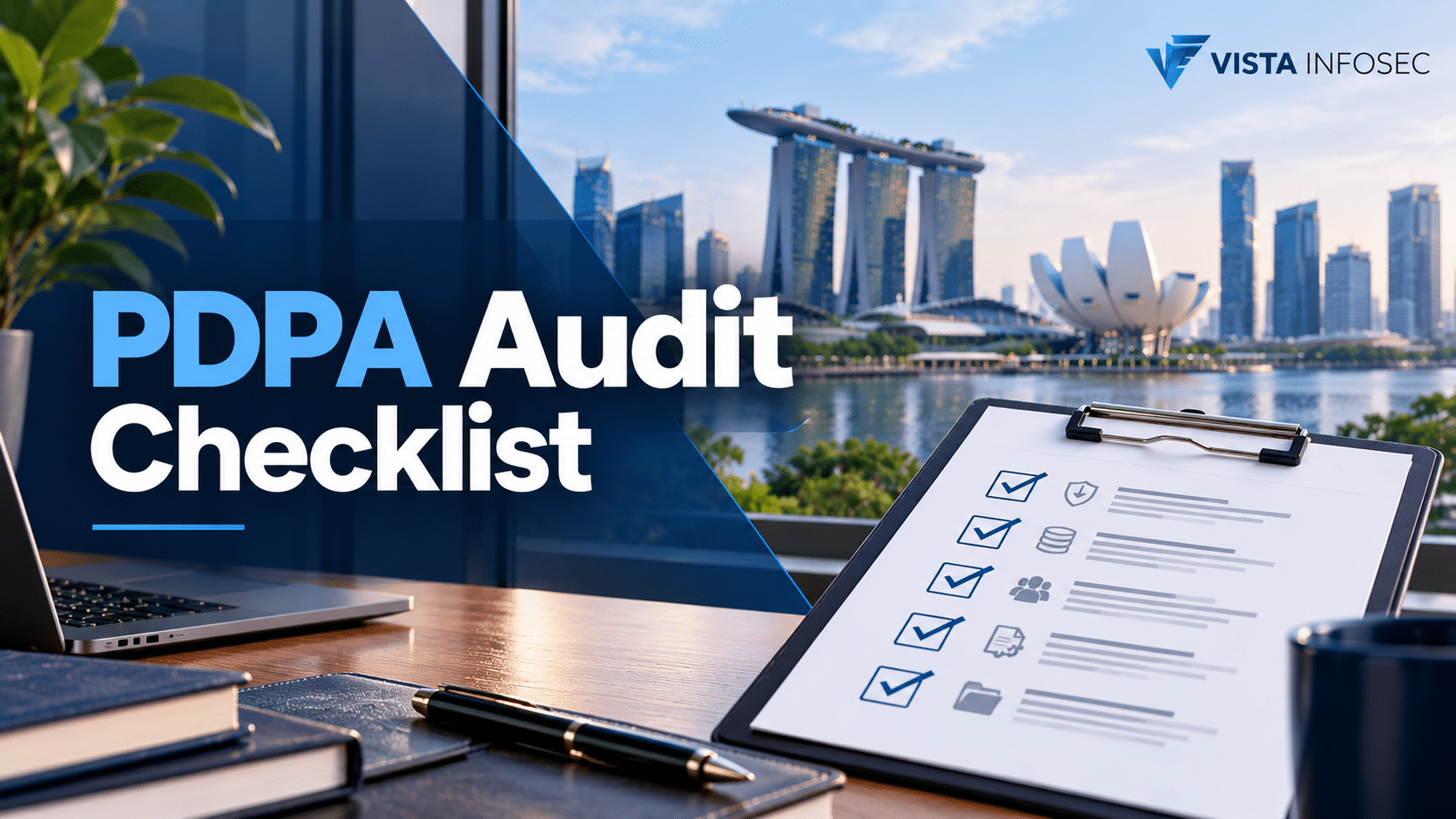 PDPA audit checklist for Singapore businesses showing data protection compliance checks and Singapore skyline.